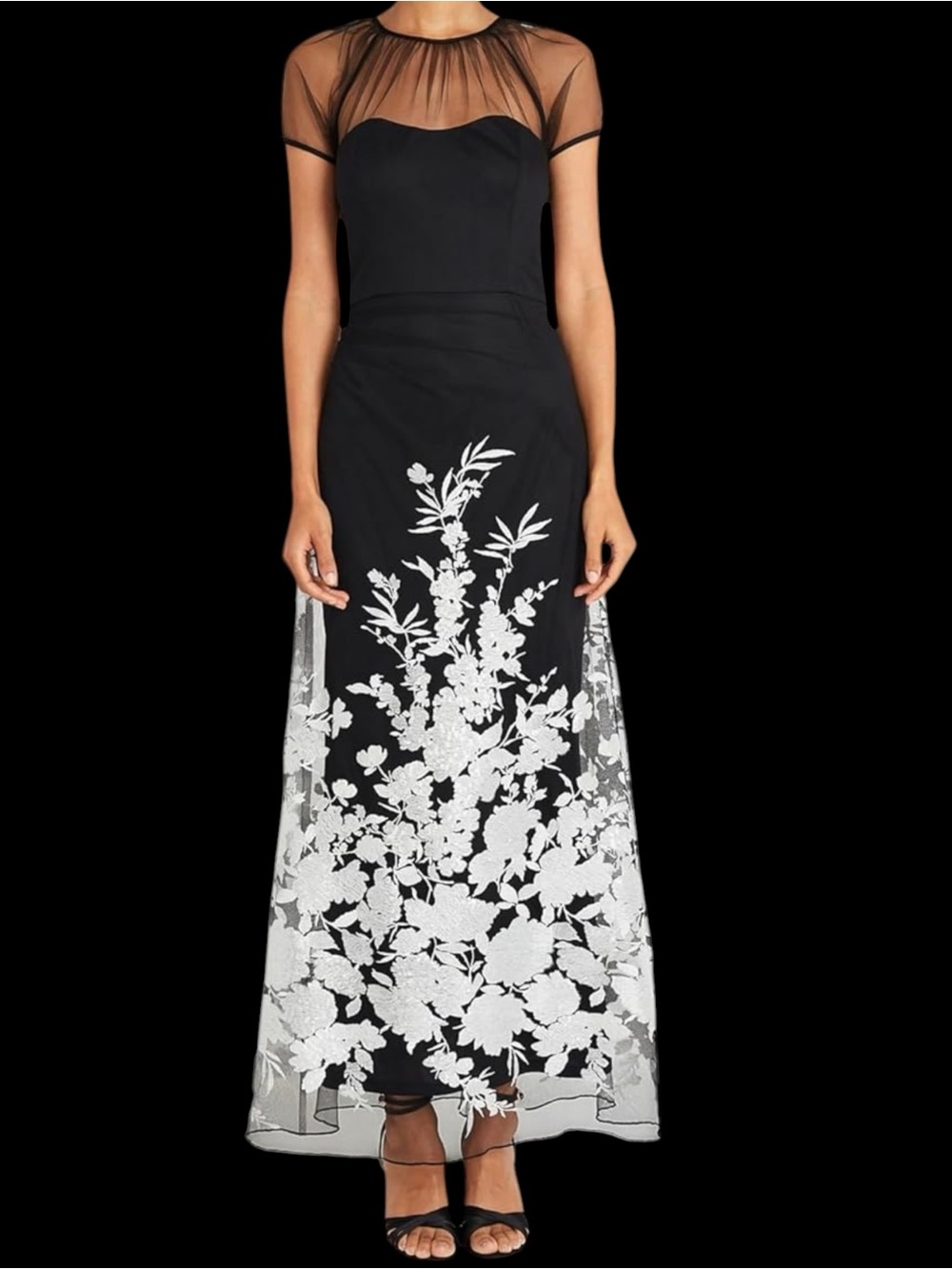 Maggy London Formal Dress Illusion Sheer Sweetheart Neckline Black White Silver